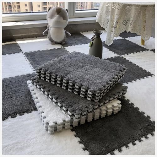 50 Stück Ineinander Greifende Teppichfliesen Mit Rand, Puzzle-Teppich, Flauschiger Plüsch, rutschfeste Quadratische Schaumstoff-Bodenmatte, Flauschige Fliesen(Gray+White) von NMVAWIPT