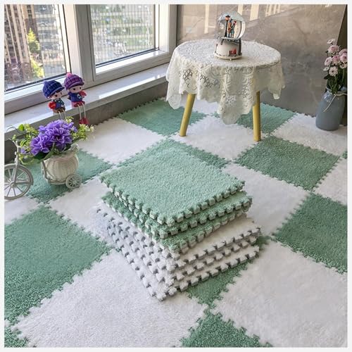 50 Stück Ineinander Greifende Teppichfliesen Mit Rand, Puzzle-Teppich, Flauschiger Plüsch, rutschfeste Quadratische Schaumstoff-Bodenmatte, Flauschige Fliesen(Green+White) von NMVAWIPT