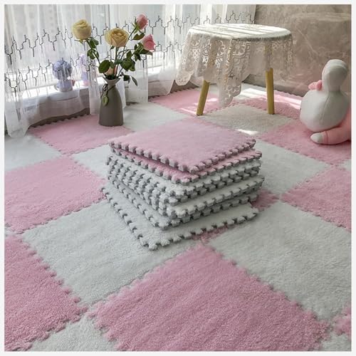 50 Stück Ineinander Greifende Teppichfliesen Mit Rand, Puzzle-Teppich, Flauschiger Plüsch, rutschfeste Quadratische Schaumstoff-Bodenmatte, Flauschige Fliesen(Pink+White) von NMVAWIPT