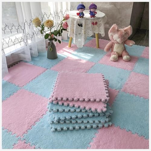 50 Stück Ineinander Greifende Teppichfliesen Mit Rand, Puzzle-Teppich, Flauschiger Plüsch, rutschfeste Quadratische Schaumstoff-Bodenmatte, Flauschige Fliesen(Sky Blue+Pink) von NMVAWIPT