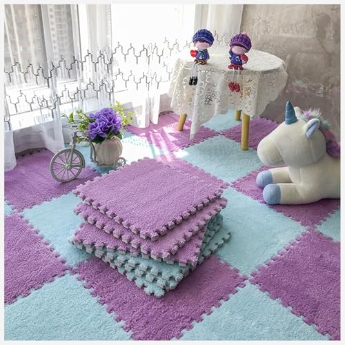 50 Stück Ineinander Greifende Teppichfliesen Mit Rand, Puzzle-Teppich, Flauschiger Plüsch, rutschfeste Quadratische Schaumstoff-Bodenmatte, Flauschige Fliesen(Sky Blue+Purple) von NMVAWIPT
