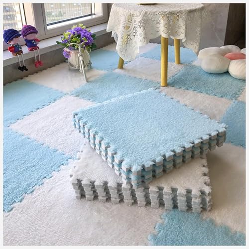50 Stück Ineinander Greifende Teppichfliesen Mit Rand, Puzzle-Teppich, Flauschiger Plüsch, rutschfeste Quadratische Schaumstoff-Bodenmatte, Flauschige Fliesen(Sky Blue+White) von NMVAWIPT