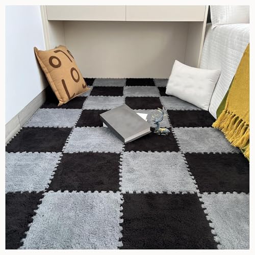 50 Stück Plüsch-Puzzle-Bodenmattenfliesen Aus Schaumstoff, 12 X 12 Zoll, Quadratisch, Zotteliger Ineinandergreifender Teppich, Flauschiges, Rutschfestes Puzzle(Black+Gray) von NMVAWIPT