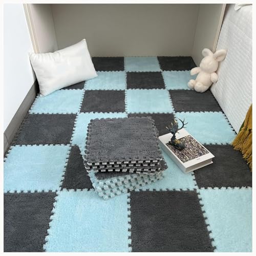 50 Stück Plüsch-Puzzle-Bodenmattenfliesen Aus Schaumstoff, 12 X 12 Zoll, Quadratisch, Zotteliger Ineinandergreifender Teppich, Flauschiges, Rutschfestes Puzzle(Gray+Light Blue) von NMVAWIPT
