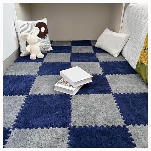 50 Stück Plüsch-Puzzle-Bodenmattenfliesen Aus Schaumstoff, 12 X 12 Zoll, Quadratisch, Zotteliger Ineinandergreifender Teppich, Flauschiges, Rutschfestes Puzzle(Gray+Royal Blue) von NMVAWIPT
