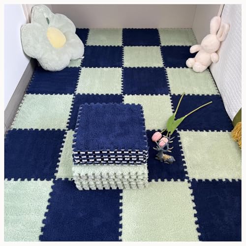 50 Stück Plüsch-Puzzle-Bodenmattenfliesen Aus Schaumstoff, 12 X 12 Zoll, Quadratisch, Zotteliger Ineinandergreifender Teppich, Flauschiges, Rutschfestes Puzzle(Green+Royal Blue) von NMVAWIPT