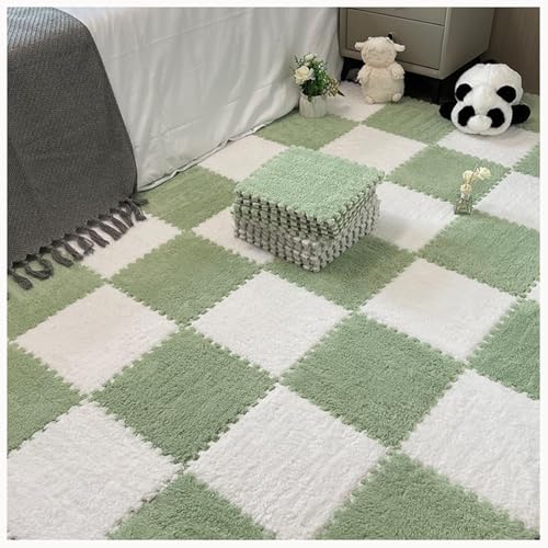 50 Stück Plüsch-Puzzle-Bodenmattenfliesen Aus Schaumstoff, 12 X 12 Zoll, Quadratisch, Zotteliger Ineinandergreifender Teppich, Flauschiges, Rutschfestes Puzzle(Green+White) von NMVAWIPT