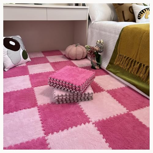50 Stück Plüsch-Puzzle-Bodenmattenfliesen Aus Schaumstoff, 12 X 12 Zoll, Quadratisch, Zotteliger Ineinandergreifender Teppich, Flauschiges, Rutschfestes Puzzle(Pink+Rose Red) von NMVAWIPT