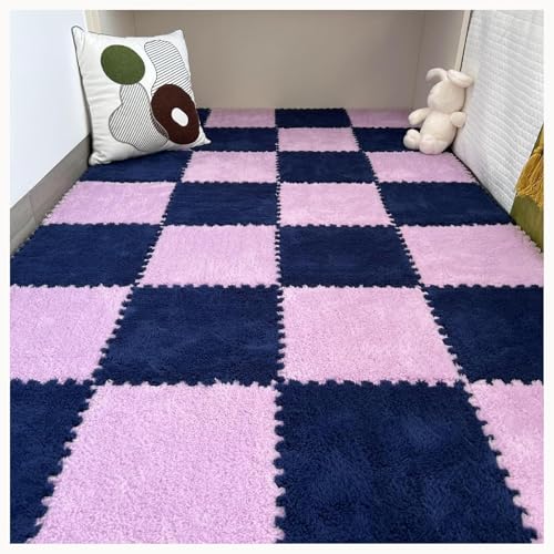 50 Stück Plüsch-Puzzle-Bodenmattenfliesen Aus Schaumstoff, 12 X 12 Zoll, Quadratisch, Zotteliger Ineinandergreifender Teppich, Flauschiges, Rutschfestes Puzzle(Pink+Royal Blue) von NMVAWIPT