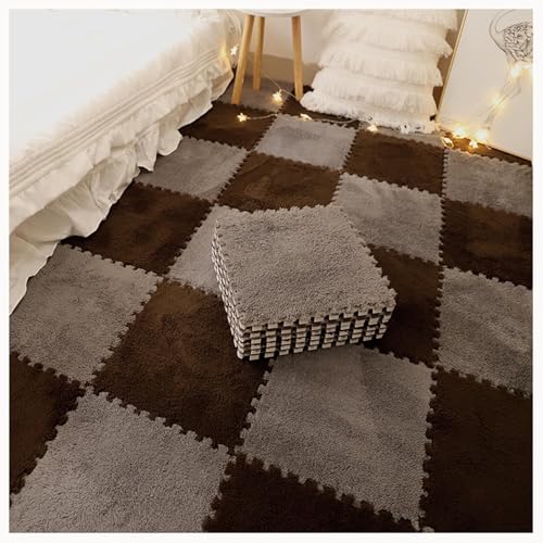 NMVAWIPT 50 Stück Plüschschaum-Bodenmatten-Fliesen-Teppich Mit Rand, Zottelige Ineinander Greifende Teppichfliesen(Gray+Dark Brown) von NMVAWIPT