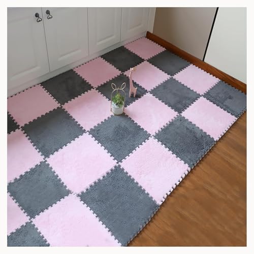 NMVAWIPT 50 Stück Plüschschaum-Bodenmatten-Fliesen-Teppich Mit Rand, Zottelige Ineinander Greifende Teppichfliesen(Pink+Gray) von NMVAWIPT