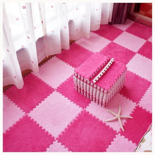 50 Stück Plüschschaum-Bodenmatten-Fliesen-Teppich Mit Rand, Zottelige Ineinander Greifende Teppichfliesen(Rose Red+Pink) von NMVAWIPT