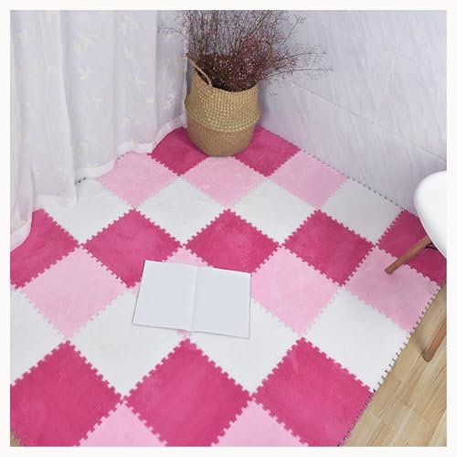 50 Stück Plüschschaum-Bodenmatten-Fliesen-Teppich Mit Rand, Zottelige Ineinander Greifende Teppichfliesen(White+Pink+Rose Red) von NMVAWIPT