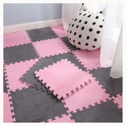 50 Stück Plüschschaum-Teppich Mit Ineinandergreifenden Fliesen, 30 X 30 cm, Flauschige Puzzle-Bodenmatte, Dicke 0,4-Zoll-Matten for Spielzimmer, Wohnzimmer(Pink+Gray) von NMVAWIPT