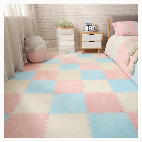50 Stück Plüschschaum-Teppich Mit Ineinandergreifenden Fliesen, 30 X 30 cm, Flauschige Puzzle-Bodenmatte, Dicke 0,4-Zoll-Matten for Spielzimmer, Wohnzimmer(White+Light Pink+Blue) von NMVAWIPT