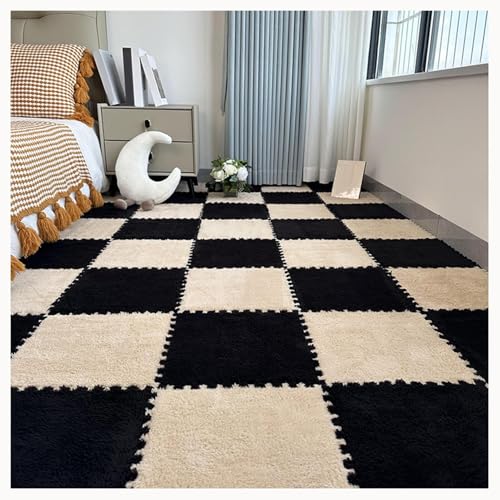 50 Stück Teppich-Puzzlematten for Den Boden, Ineinandergreifende Teppichfliesen Aus Plüschschaum Mit Rand, Flauschige Schaumstoff-Bodenmatte(Black+Apricot) von NMVAWIPT