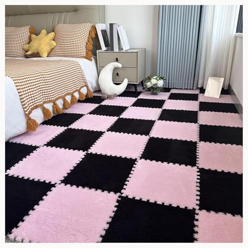 50 Stück Teppich-Puzzlematten for Den Boden, Ineinandergreifende Teppichfliesen Aus Plüschschaum Mit Rand, Flauschige Schaumstoff-Bodenmatte(Black+Pink) von NMVAWIPT