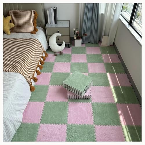 50 Stück Teppich-Puzzlematten for Den Boden, Ineinandergreifende Teppichfliesen Aus Plüschschaum Mit Rand, Flauschige Schaumstoff-Bodenmatte(Green+Pink) von NMVAWIPT