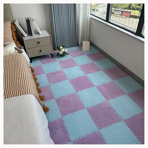50 Stück Teppich-Puzzlematten for Den Boden, Ineinandergreifende Teppichfliesen Aus Plüschschaum Mit Rand, Flauschige Schaumstoff-Bodenmatte(Light Blue+Purple) von NMVAWIPT