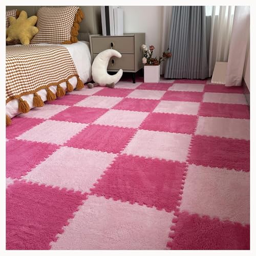 50 Stück Teppich-Puzzlematten for Den Boden, Ineinandergreifende Teppichfliesen Aus Plüschschaum Mit Rand, Flauschige Schaumstoff-Bodenmatte(Pink+Rose Red) von NMVAWIPT