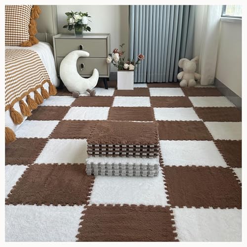 50 Stück Teppich-Puzzlematten for Den Boden, Ineinandergreifende Teppichfliesen Aus Plüschschaum Mit Rand, Flauschige Schaumstoff-Bodenmatte(White+Dark Brown) von NMVAWIPT