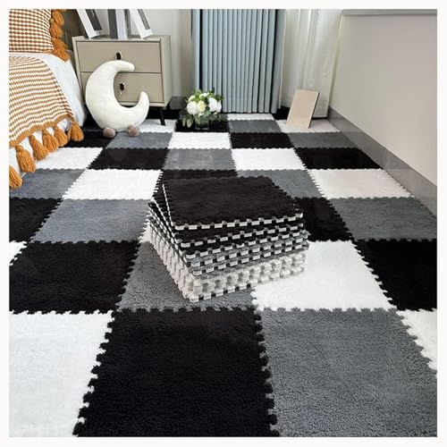 50 Stück Teppich-Puzzlematten for Den Boden, Ineinandergreifende Teppichfliesen Aus Plüschschaum Mit Rand, Flauschige Schaumstoff-Bodenmatte(White+Gray+Black) von NMVAWIPT