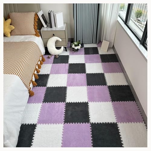 50 Stück Teppich-Puzzlematten for Den Boden, Ineinandergreifende Teppichfliesen Aus Plüschschaum Mit Rand, Flauschige Schaumstoff-Bodenmatte(White+Gray+Purple) von NMVAWIPT