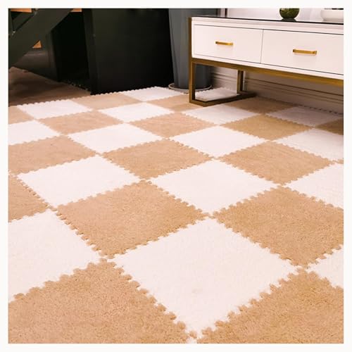 50 Stück Zottelige Ineinander Greifende Schaumstoff-Teppichfliesen 12 X 12 Zoll, Flauschige Puzzleteppichmatten for Den Boden, Weiche Schaumstoffmatten for Zu Hause(Light Brown+White) von NMVAWIPT