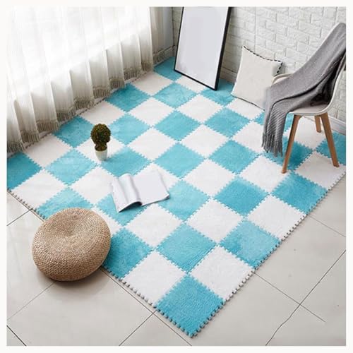50 Stück Zottelige Ineinander Greifende Teppichfliesen, 12 X 12 Zoll Flauschiger Teppich, Plüschschaum-Bodenpuzzlematten for Den Boden, rutschfeste Unterseite(Blue+White) von NMVAWIPT