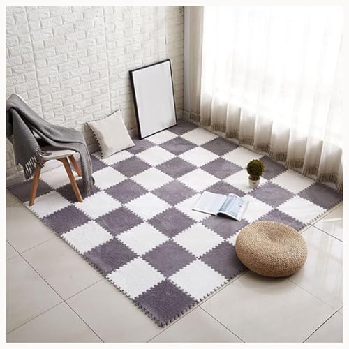 50 Stück Zottelige Ineinander Greifende Teppichfliesen, 12 X 12 Zoll Flauschiger Teppich, Plüschschaum-Bodenpuzzlematten for Den Boden, rutschfeste Unterseite(Gray+White) von NMVAWIPT