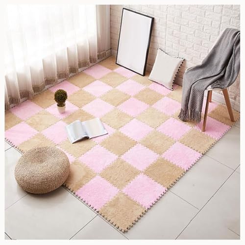 50 Stück Zottelige Ineinander Greifende Teppichfliesen, 12 X 12 Zoll Flauschiger Teppich, Plüschschaum-Bodenpuzzlematten for Den Boden, rutschfeste Unterseite(Pink+Light Brown) von NMVAWIPT