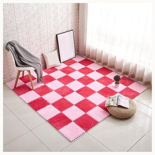 50 Stück Zottelige Ineinander Greifende Teppichfliesen, 12 X 12 Zoll Flauschiger Teppich, Plüschschaum-Bodenpuzzlematten for Den Boden, rutschfeste Unterseite(Pink+Rose Red) von NMVAWIPT