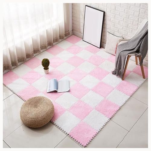 50 Stück Zottelige Ineinander Greifende Teppichfliesen, 12 X 12 Zoll Flauschiger Teppich, Plüschschaum-Bodenpuzzlematten for Den Boden, rutschfeste Unterseite(Pink+White) von NMVAWIPT
