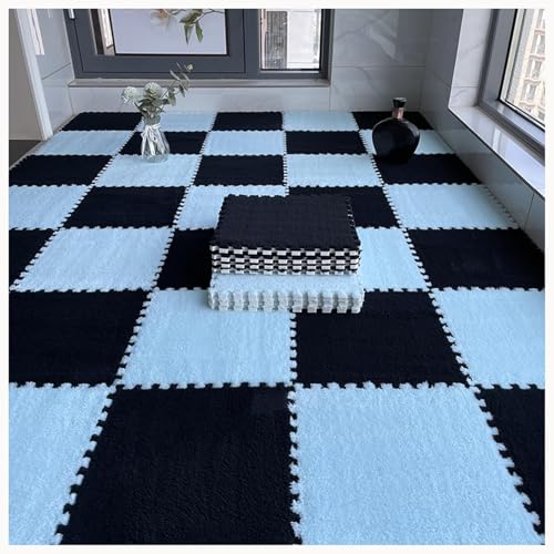 50 Stück Zottelige Ineinandergreifende Schaumstoff-Teppichfliesen, 12 X 12 Zoll Große Plüsch-Schaumstoff-Bodenmatte, Weiche, rutschfeste Teppich-Puzzlematten(Black+Light Blue) von NMVAWIPT