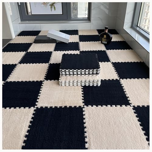 NMVAWIPT 50 Stück Zottelige Ineinandergreifende Schaumstoff-Teppichfliesen, 12 X 12 Zoll Große Plüsch-Schaumstoff-Bodenmatte, Weiche, rutschfeste Teppich-Puzzlematten(Black+Light Brown) von NMVAWIPT