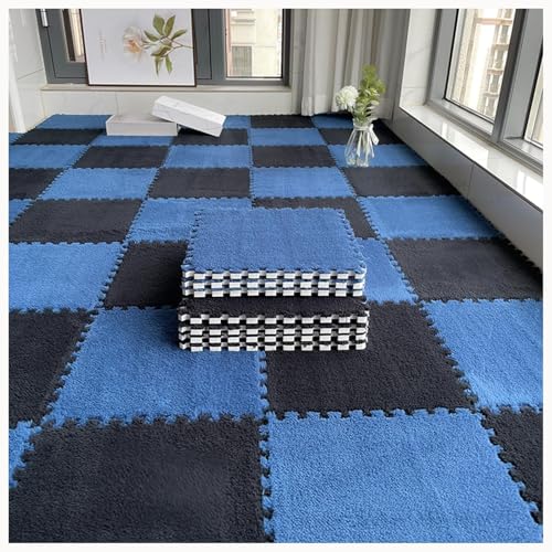 50 Stück Zottelige Ineinandergreifende Schaumstoff-Teppichfliesen, 12 X 12 Zoll Große Plüsch-Schaumstoff-Bodenmatte, Weiche, rutschfeste Teppich-Puzzlematten(Black+Navy Blue) von NMVAWIPT