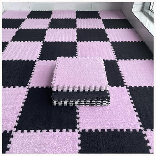50 Stück Zottelige Ineinandergreifende Schaumstoff-Teppichfliesen, 12 X 12 Zoll Große Plüsch-Schaumstoff-Bodenmatte, Weiche, rutschfeste Teppich-Puzzlematten(Black+Pink) von NMVAWIPT