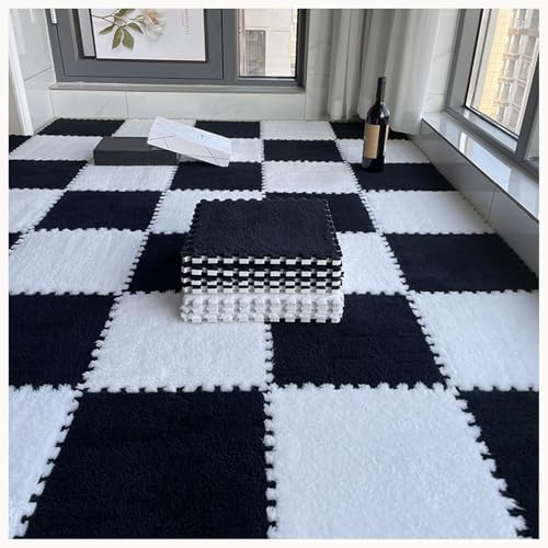 NMVAWIPT 50 Stück Zottelige Ineinandergreifende Schaumstoff-Teppichfliesen, 12 X 12 Zoll Große Plüsch-Schaumstoff-Bodenmatte, Weiche, rutschfeste Teppich-Puzzlematten(Black+White) von NMVAWIPT