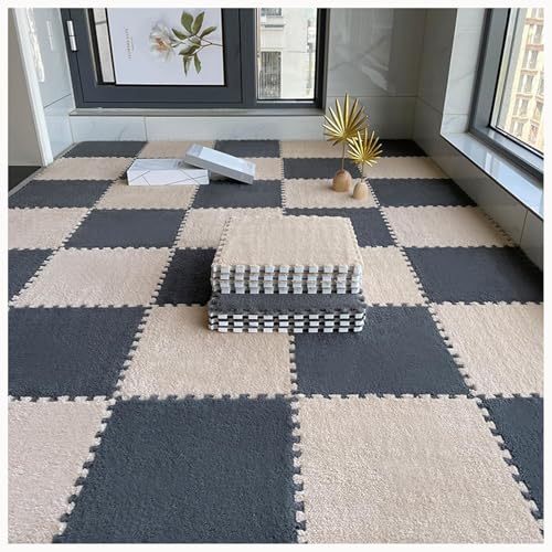 50 Stück Zottelige Ineinandergreifende Schaumstoff-Teppichfliesen, 12 X 12 Zoll Große Plüsch-Schaumstoff-Bodenmatte, Weiche, rutschfeste Teppich-Puzzlematten(Gray+Light Brown) von NMVAWIPT