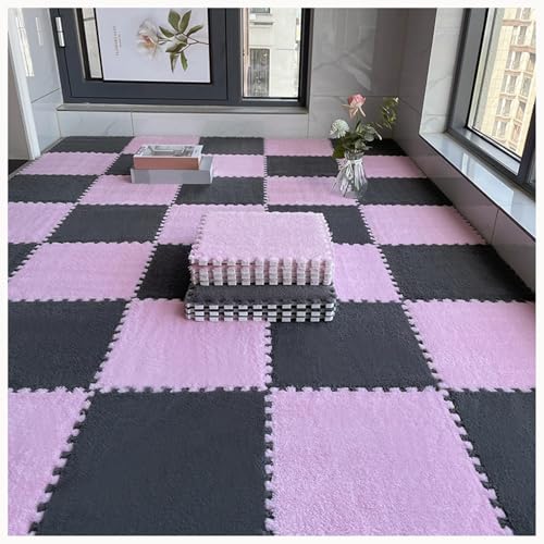 50 Stück Zottelige Ineinandergreifende Schaumstoff-Teppichfliesen, 12 X 12 Zoll Große Plüsch-Schaumstoff-Bodenmatte, Weiche, rutschfeste Teppich-Puzzlematten(Gray+Pink) von NMVAWIPT
