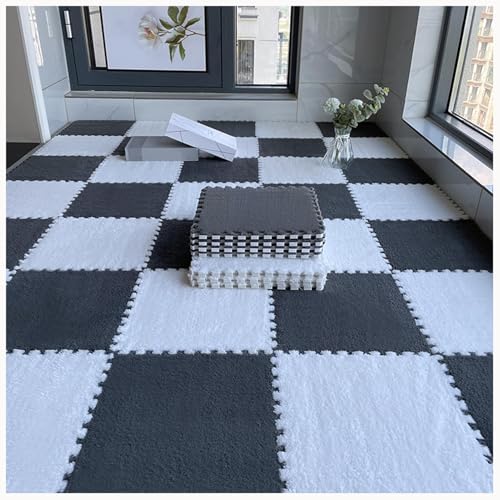 50 Stück Zottelige Ineinandergreifende Schaumstoff-Teppichfliesen, 12 X 12 Zoll Große Plüsch-Schaumstoff-Bodenmatte, Weiche, rutschfeste Teppich-Puzzlematten(Gray+White) von NMVAWIPT