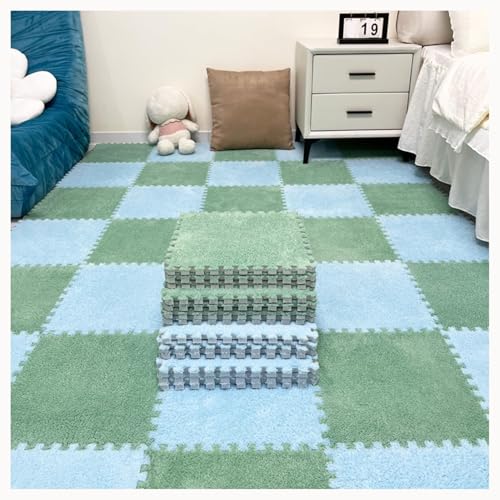 50 Stück rutschfeste, Waschbare, Zottelige, Ineinandergreifende Schaumstoff-Teppichfliesen, 12 X 12 Zoll Große Plüsch-Schaumstoff-Bodenmattenfliesen(Sky Blue+Green) von NMVAWIPT