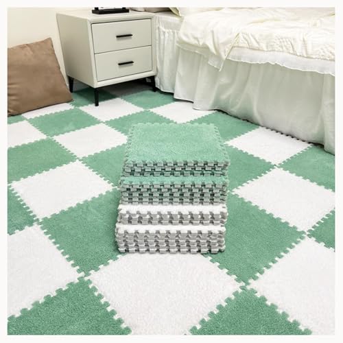 50 Stück rutschfeste, Waschbare, Zottelige, Ineinandergreifende Schaumstoff-Teppichfliesen, 12 X 12 Zoll Große Plüsch-Schaumstoff-Bodenmattenfliesen(White+Green) von NMVAWIPT