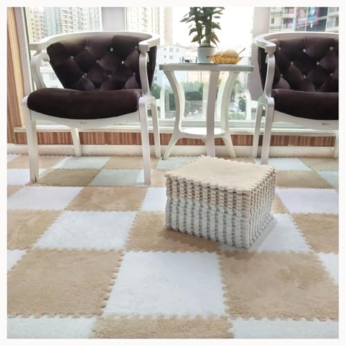 50 Stück rutschfeste, Waschbare, Zottelige, Ineinandergreifende Schaumstoff-Teppichfliesen, 12 X 12 Zoll Große Plüsch-Schaumstoff-Bodenmattenfliesen(White+Light Brown) von NMVAWIPT