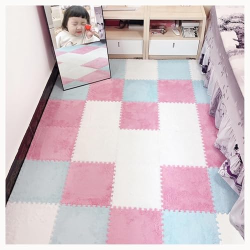 50 Stück rutschfeste, Waschbare, Zottelige, Ineinandergreifende Schaumstoff-Teppichfliesen, 12 X 12 Zoll Große Plüsch-Schaumstoff-Bodenmattenfliesen(White+Pink+Sky Blue) von NMVAWIPT