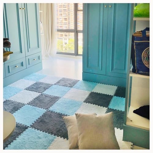 50 Stück rutschfeste, Waschbare, Zottelige, Ineinandergreifende Schaumstoff-Teppichfliesen, 12 X 12 Zoll Große Plüsch-Schaumstoff-Bodenmattenfliesen(White+Sky Blue+Gray) von NMVAWIPT