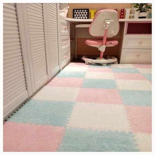 60 Stück Ineinander Greifende Teppichfliesen, 30 X 30 X 1 cm, Quadratische, Weiche, Flauschige Teppich-Puzzlematten, rutschfeste, Waschbare Schaumstoff-Bodenmatte(Light Blue+White+Pink) von NMVAWIPT