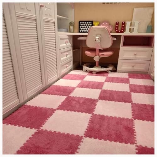 60 Stück Ineinander Greifende Teppichfliesen, 30 X 30 X 1 cm, Quadratische, Weiche, Flauschige Teppich-Puzzlematten, rutschfeste, Waschbare Schaumstoff-Bodenmatte(Pink+Rose Red) von NMVAWIPT