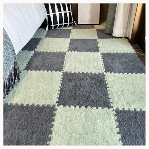 60 Stück Plüsch-Bodenmatten Aus Rutschfestem Schaumstoff for Spielzimmer Und Wohnzimmer, 30 X 30 X 1 cm, Zotteliger Ineinandergreifender Schaumstoffteppich(Gray+Green) von NMVAWIPT