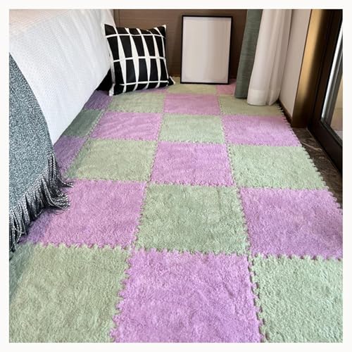 60 Stück Plüsch-Bodenmatten Aus Rutschfestem Schaumstoff for Spielzimmer Und Wohnzimmer, 30 X 30 X 1 cm, Zotteliger Ineinandergreifender Schaumstoffteppich(Light Purple+Green) von NMVAWIPT